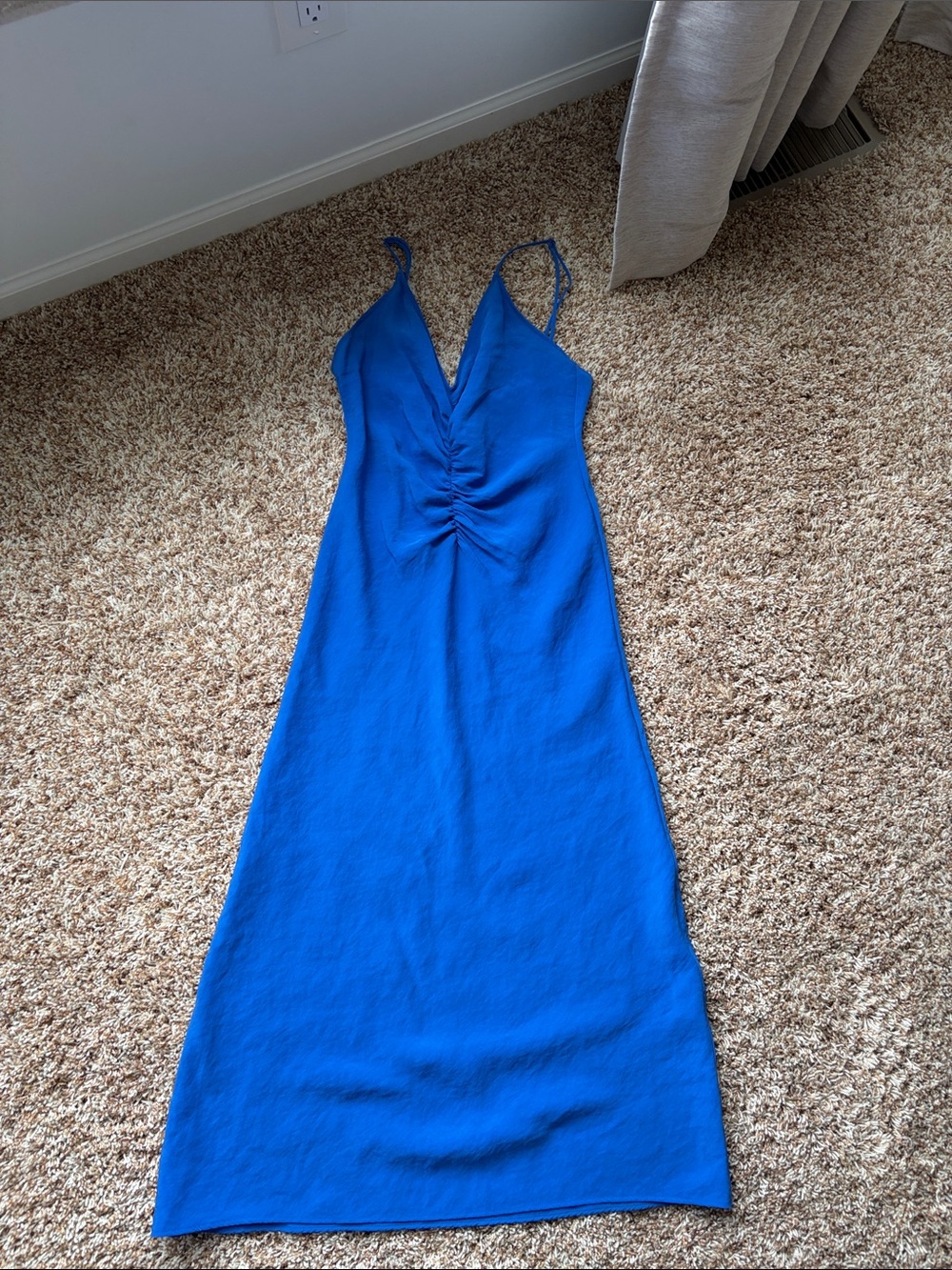 Blue Ruched V-Neck Slip Dress Zara
